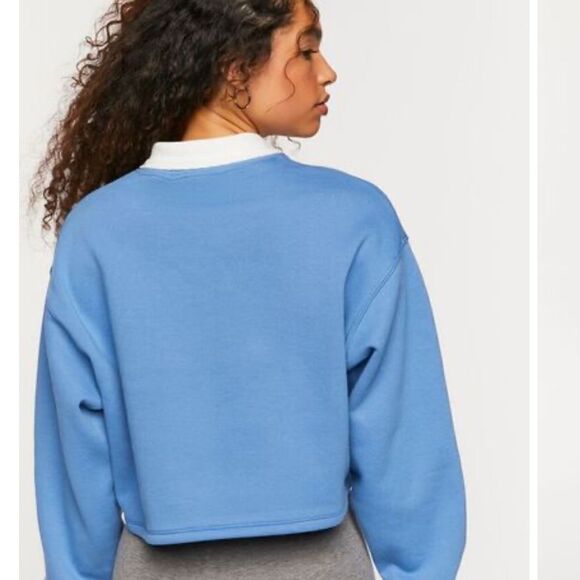 F21 S Light Blue White Collared PARIS Graphic Cropped Fleece Pullover - Picture 3 of 15